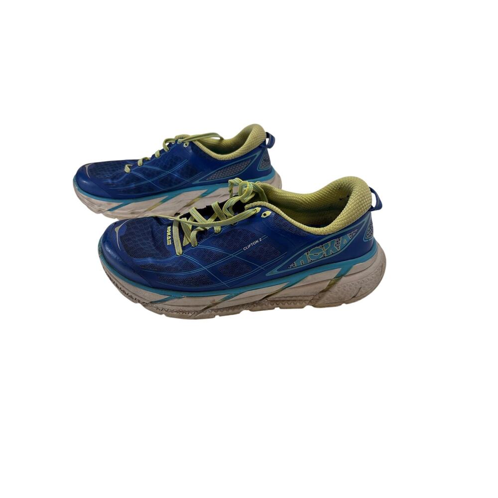 HOKA ONE ONE Clifton 2 Running Shoes Size 9 Blue Teal Lime Athletic Sneakers